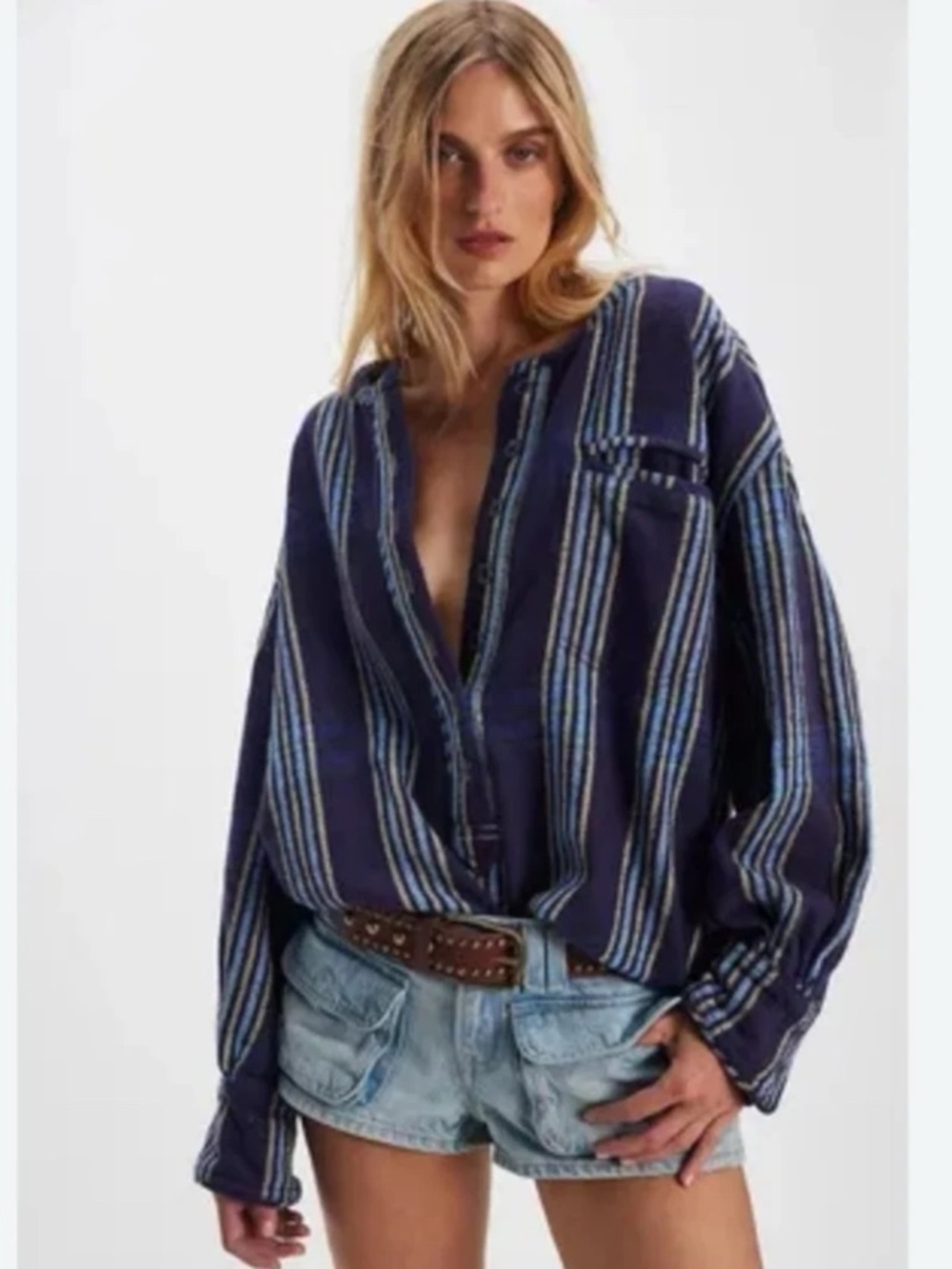 FREE PEOPLE We The Free Denim Dreaming Pullover in Blue Stripe oversized Small - Picture 12 of 12